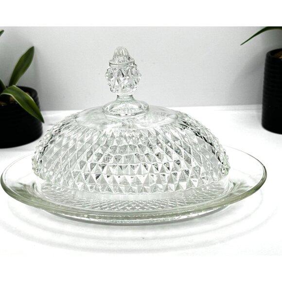 Vintage Indiana Glass Oval Diamond Point Clear Covered Butter Dish - Picture 7 of 8